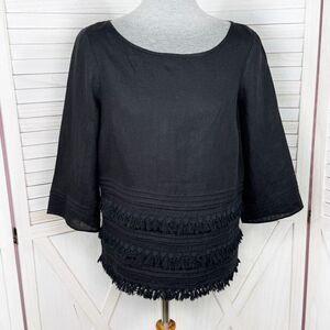 Anthropologie Meadow Rue Olathe Tiered Fringe Hem Linen‎ Boxy Shirt Black Small